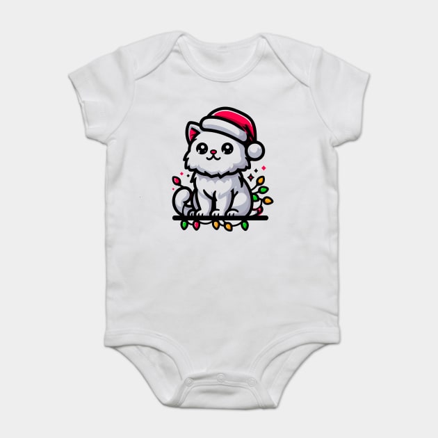 Cute Christmas Cat Santa Hat Christmas Lights Adorable Baby Bodysuit by Frank Ring
